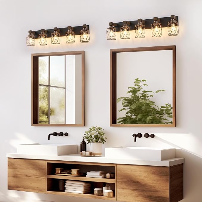 5-Light Black Gold Farmhouse Vanity Light, Wood & Metal Cage Shade | Mounted Over Mirror, Industrial Rustic Style, Ideal for Bathroom, Bedroom, Hallway & Living Room, Easy To Install