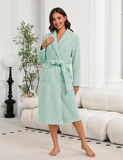 Ekouaer Women's Robe Long Plush Soft Bathrobe Cozy Warm Robes Shawl Collar Sleepwear with Pockets