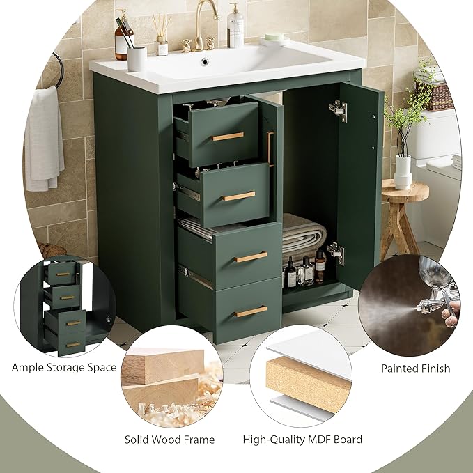 Merax Herringbone Single Sink Bathroom Vanity, Freestanding 30" Modern Bathroom Vanity Storage Cabinet with 3 Drawers and 2 Doors, Solid Wood Frame