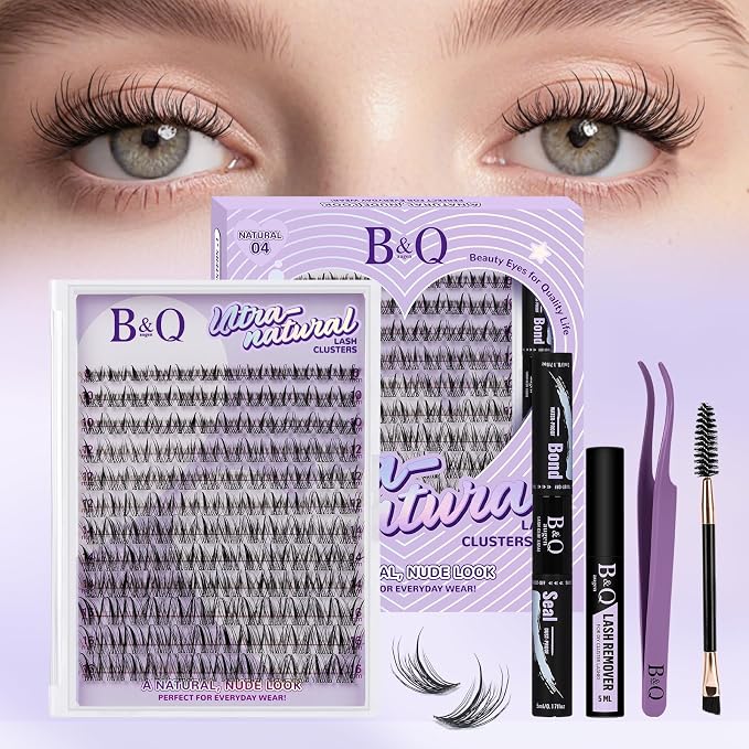 B&Q Wispy Lash Clusters Kit, Natural 04, Individual False Eyelashes Extension Set, Undetectable Natural Look for Effortless Day-to-Night Beauty, from Office Elegance to Date Night Glamour(8-16mix)