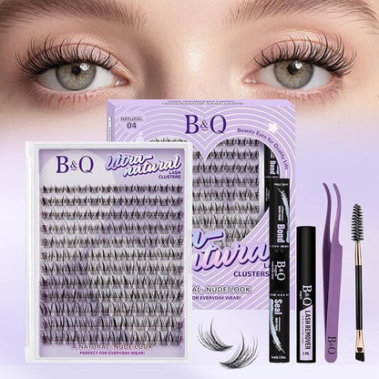B&Q Wispy Lash Clusters Kit, Natural 04, Individual False Eyelashes Extension Set, Undetectable Natural Look for Effortless Day-to-Night Beauty, from Office Elegance to Date Night Glamour(8-16mix)