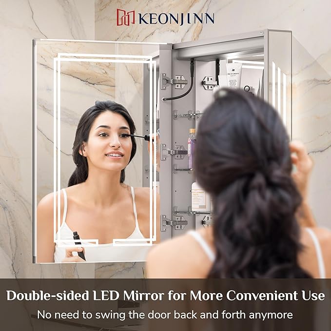 Keonjinn 24 x 32 Inch Medicine Cabinet with Lights, Bathroom LED Medicine Cabinet Mirror, Tempered Glass, UL-Listed, Adjustable Shelves, No Outlets, 3 Color Temperature, Dimmable, Wall Mount Only