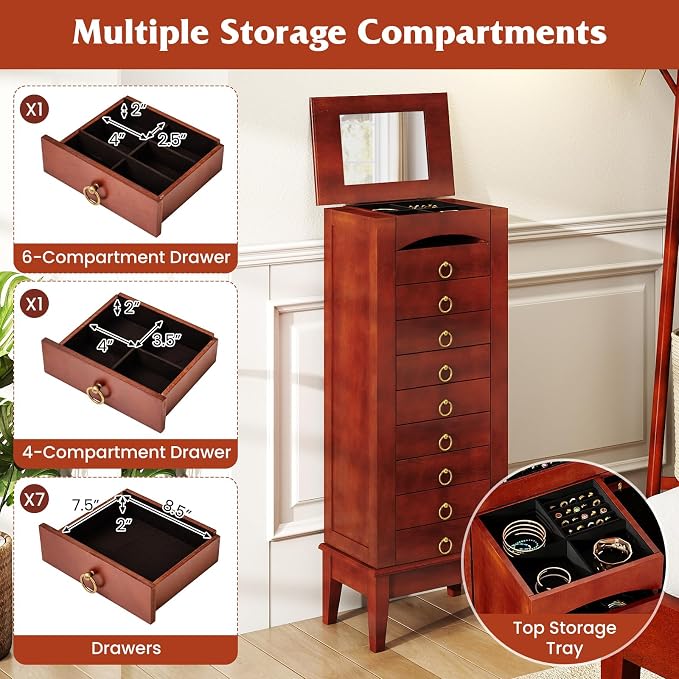 COSTWAY Standing Jewelry Cabinet, Wooden Jewelry Storage Chest with 9 Drawers, 2 Side Doors & Flip Top Mirror, Bedroom Jewelry Armoire with Top Divided Compartments