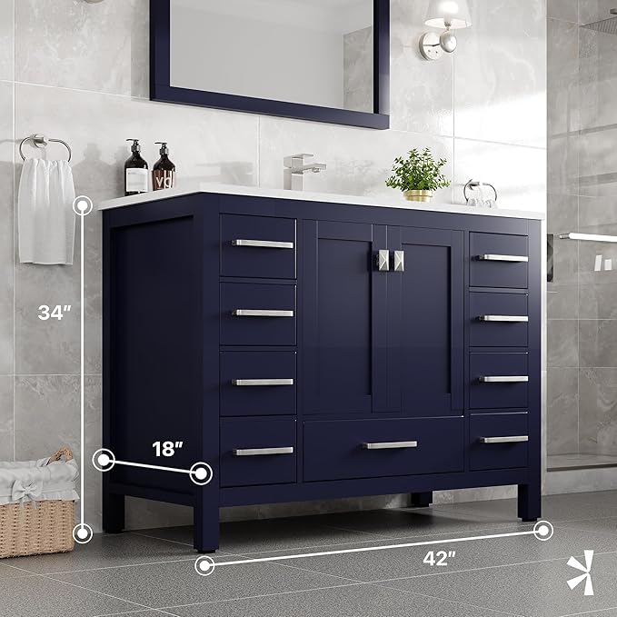 Eviva London 42 in. Blue Single Sink Bath Vanity with Carrara Quartz Top and Undermount Porcelain Sink