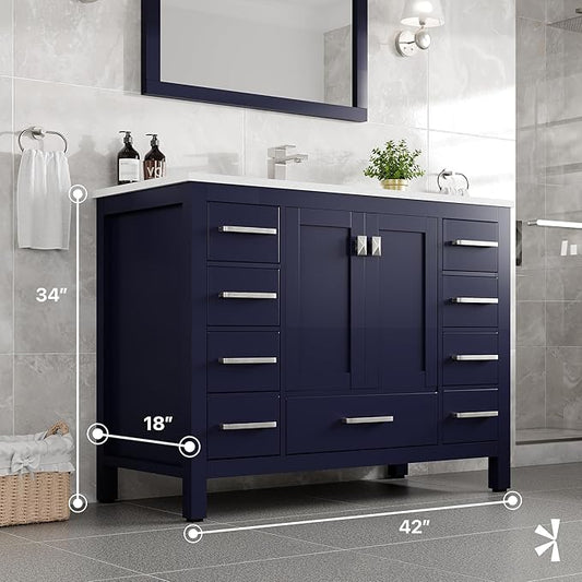 Eviva London 42 in. Blue Single Sink Bath Vanity with Carrara Quartz Top and Undermount Porcelain Sink
