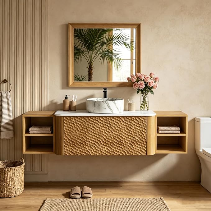 60 Inch Modern Bathroom Vanity with Ceramic Sink, Floating Bathroom Sink Cabinet with Sintered Stone Top&Solid Wood Hammered Frame, Single Bathroom Vanities w/Soft-Close Drawer&2 Side Open Cube
