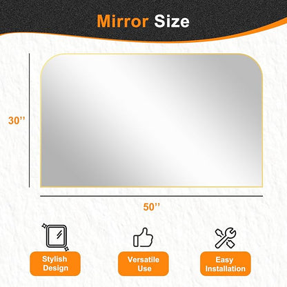 30"x50" Gold Metal Framed Bathroom Mirror for Over Sink | Rounded rectangle shape. Shatterproof HD glass, all mounting hardware for bathroom, bedroom, entryway.