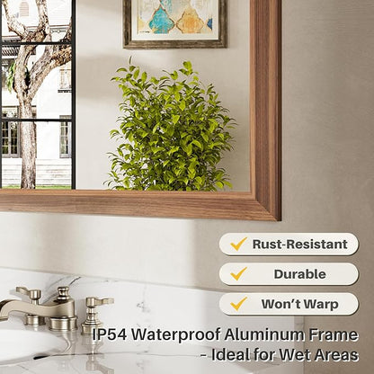 40x38 Inch Bathroom Mirror for Wall, Anti-Rust Walnut Wood Grain Metal Framed Bathroom Mirrors for Over Sink,Rectangler Mirrors for Bathroom Vanity, Farmhouse, Bedroom, Living Room, Entryway Decor
