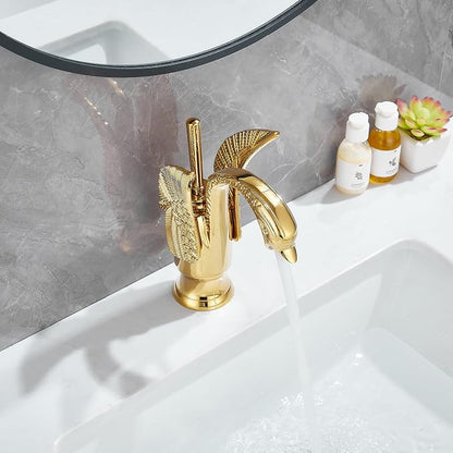 Gold Bathroom Faucet GGStudy Swan Shape Single Handle One Hole Bathroom Vanity Faucet Basin Tap Deck Mount Lavatory