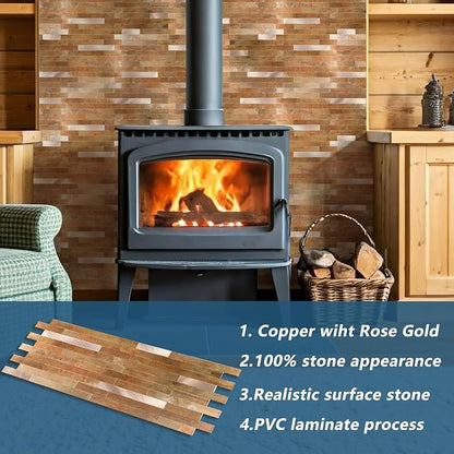 Yipscazo 20 Sheets PVC Wall Tiles Stick on Tiles for Backsplash Kitchen, Bathroom, Laundry Room, Camper, Fireplace (6'' X 12'', Copper Metal)