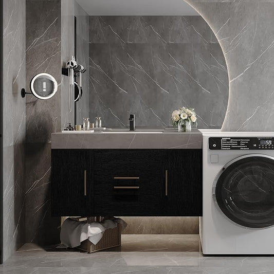 40 inch Modern Floating Bathroom Vanity with Sink, Wall Mounted Bathroom Cabinet with Ceramic Sink, Grey Sintered Stone Countertop, 2 Soft Closing Drawers & 2 Storage Cabinet, Gold Handle, Black