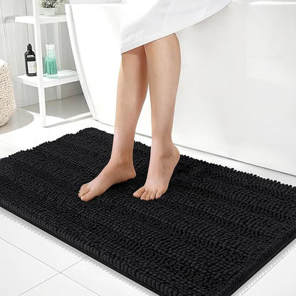 OLANLY Thick Large Bathroom Rugs 40x24, Soft Chenille Bath Rugs, Black | Absorbent Striped, Rubber Backing, Machine Wash Dry, Bath Mats for Bathroom Floor, Tub and Shower, Home Decor Accessories