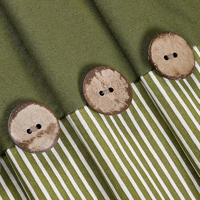 DOSLY IDÉES Farmhouse Shower Curtain, Green and Green Stripe, Button Curtain, Cotton Blend Fabric, Rustic Charm Country Chic Style, 72x72 in, Bathroom