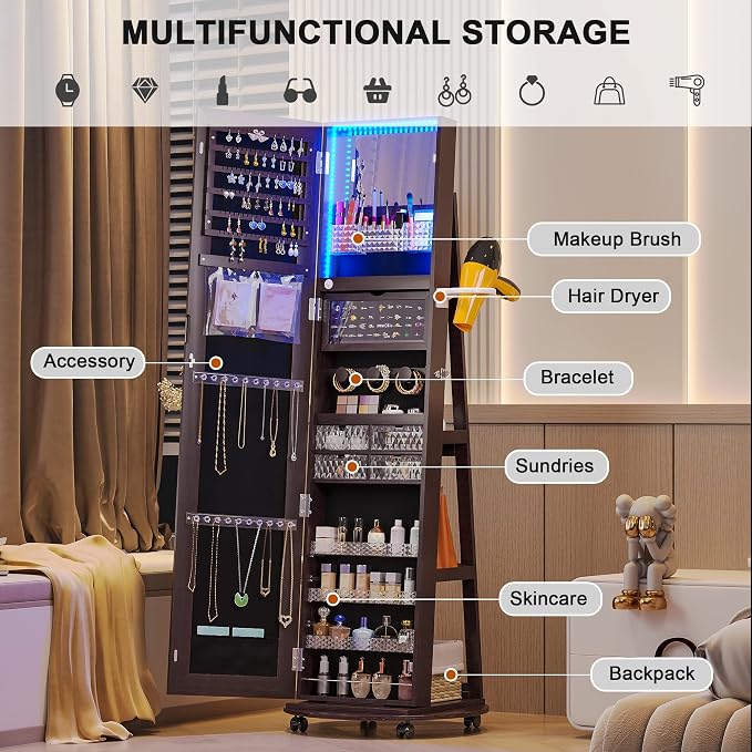HNEBC 360° Swivel Jewelry Armoire with Mirror, LED Mirror Jewelry Cabinet Standing, Full Length Mirror with Jewelry Storage, Standing Jewelry Organizer/Lockable Wheels/Foldable Makeup Shelf(Brown)