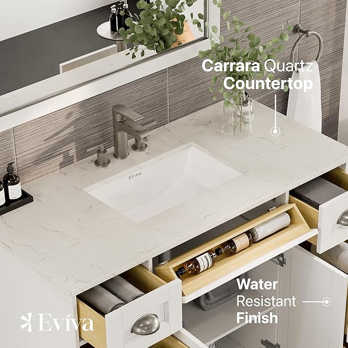 Eviva Epic 48 in. SS White Bathroom Vanity with White Carrara Quartz Countertop