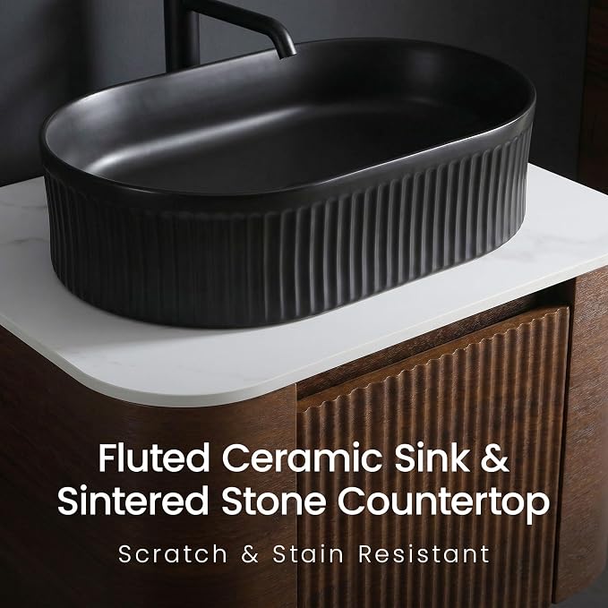 24" Preassembled Floating Bathroom Vanity with Black Sink, Walnut | Mid-Century Modern Style, Fluted & Soft-Close Drawer with U-shaped Wall, Sinterted Stone Countertop, Towel Rack Included