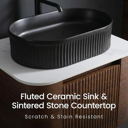 24" Preassembled Floating Bathroom Vanity with Black Sink, Walnut | Mid-Century Modern Style, Fluted & Soft-Close Drawer with U-shaped Wall, Sinterted Stone Countertop, Towel Rack Included