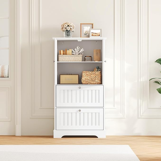 Treocho Bathroom Floor Cabinet with 2 Drawers and Adjustable Shelf | Bathroom Storage Cabinet, Freestanding Cupboard Pantry for Kitchen, Living Room, Dining Room, White