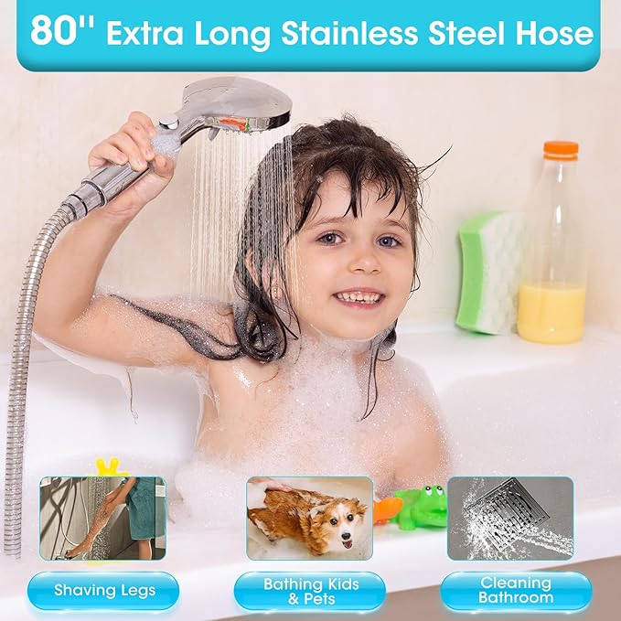 FASDUNT High Pressure Filtered Handheld Shower Head with Hose, Chrome | 80" Long Stainless Steel Hose, ON/OFF Switch for Pets Bath, Filter Beads for Hard Water, Remove Chlorine & Reduce Dry Skin