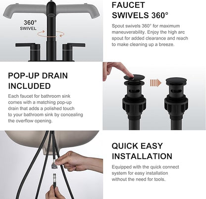 KENES Matte Black Centerset Bathroom Faucet with Pull Down Sprayer, 4 Inch 2 Handle Pull Out Bathroom Faucet 3 Hole, Bathroom Sink Faucet with Pop Up Drain & Supply Lines LJ-9059A-2