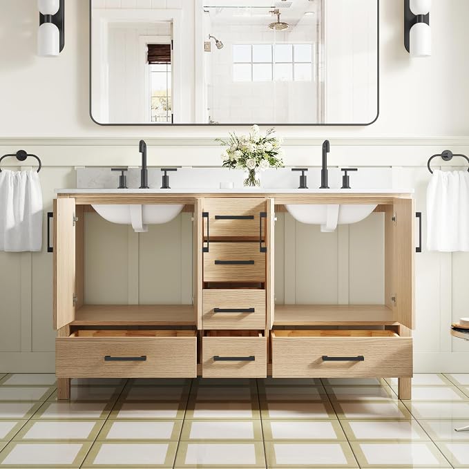 60-Inch Bathroom Vanity with Sink, 4 Soft-Close Doors and 6 Soft-Close Drawers, Bathroom Freestanding Vanity with Cultured Marble Countertop, Oak Vanity with Matte Black Handles
