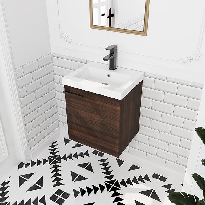 18" Wall-Mounted Bathroom Vanity with Sink, 18 inch Modern Floating Bath Vanity Design with Soft-Closing Door & Space-Saving Storage, Dark Brown
