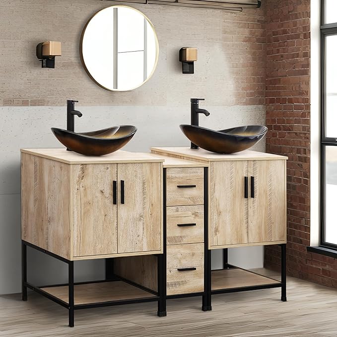 UEV Rustic 60" Double Sink Bathroom Vanity with Sink Combo,Industrial Iron Frame Bathroom Cabinet Sets with Middle 3 Drawers Cabinet (Rustic Oak, 029CH)