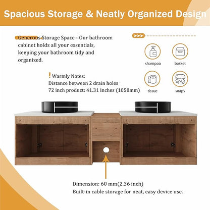 Malwee 72" Floating Bathroom Vanity with Sink, 72 Inch Wall Mounted Bathroom Cabinet Combo, Modern Double Sink Bath Storage Vanity Set, with 4 Soft Close Doors and Ceramic Vessel Basin Top(72-CC