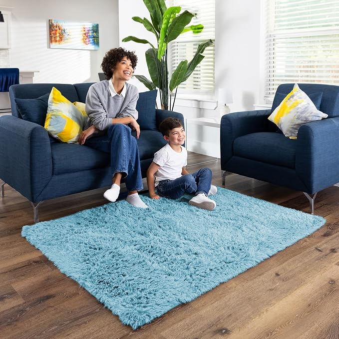 Ophanie Light Blue Rug,Boys 4x6 Rugs for Bedroom Carpet Nursery Aesthetic,Kids Playroom Area Rugs for Girls Teen Home Decor,Fluffy Shag Bedside Floor Living Room Carpets with Over 99 pcs Pile fibers