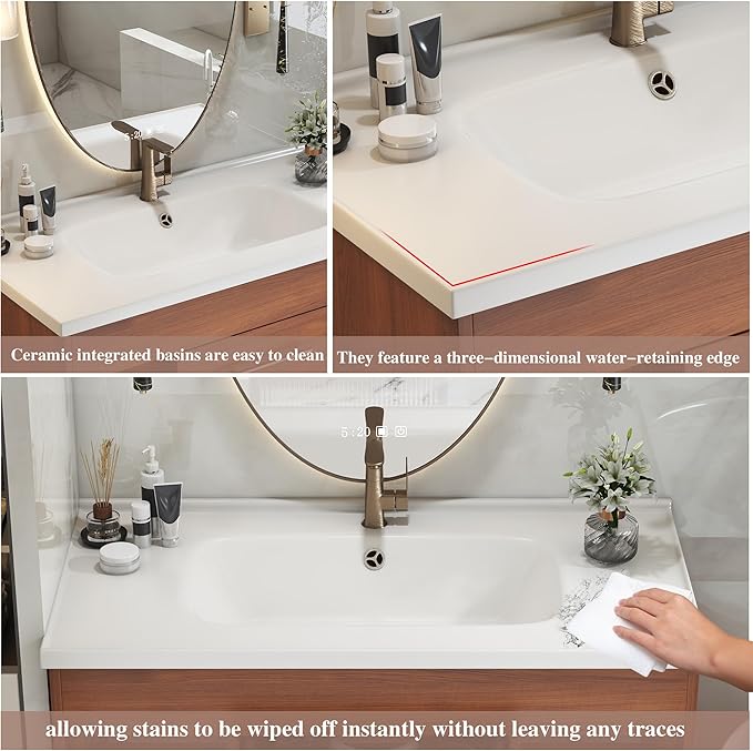 36 inch Modern Floating Bathroom Vanity with Sink, Wall Mounted Solid Wood Bathroom Cabinet with Ceramic Sink, 2 Soft Closing Drawers & Open Storage Shelves, Bronze Metal Handle, Walnut