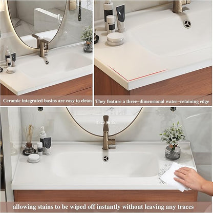 36 inch Modern Floating Bathroom Vanity with Sink, Wall Mounted Solid Wood Bathroom Cabinet with Ceramic Sink, 2 Soft Closing Drawers & Open Storage Shelves, Bronze Metal Handle, Walnut