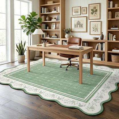 Garvee Large Area Rug Washable 10x13 Scalloped Floral Living Room Rug Green | Soft Non Slip Low Pile Indoor Carpet Stain Resistant Modern Bordered Accent Carpet for Bedroom Nursery Kids Room Office