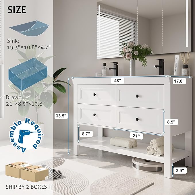 eclife 48" Bathroom Vanity with Sink Combo, Modern Painted Vanities Cabinet with Big Drawers, Opening Bottom Shelf, Raised Foot Pads, Include Undermount White Sink, Faucet & Drain, White
