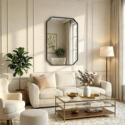 30"x22" Black Wall Bathroom Mirror, Scalloped Edge Vanity Mirror | Hangs Vertically/Horizontally, Wooden Frame Decorative Mirror, For Vanity, Bedroom & Entryway, Aesthetic Bathroom Decor