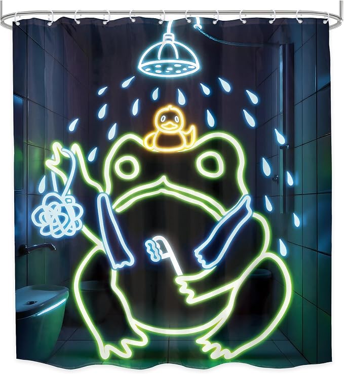 Funny Neon Frog Shower Curtain Bathroom Set 71Wx71H Inches Japanese Cool Asian Traditional Aesthetic Minimalist Animal Cute Lovely Bath Accessories Kids Boy Art Home Decor Fabric 12 Pack Hooks | 71Wx71H Aesthetic Minimalist waterproof HD print, quick-d...