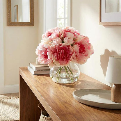 Garvee Artificial Peonies Flowers with Vase, Mixed Pink Silk Peony Bouquet with Faux Water in Glass Vase, Lifelike Fake Peonies Floral Arrangement for Table Centerpiece, Wedding, Home Decor
