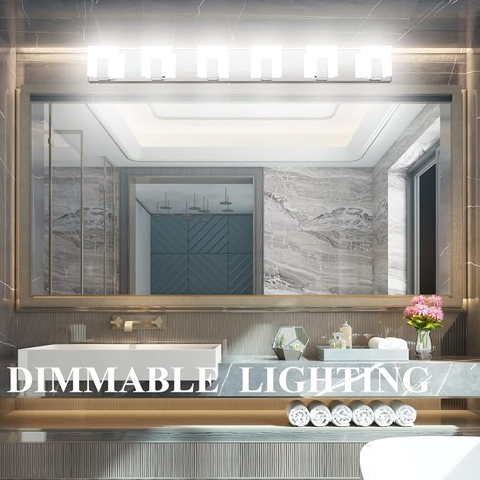 Aipsun 6 Lights Dimmable Modern LED Bathroom Vanity Light Acrylic Stainless Steel Chrome Up and Down Bathroom Wall Light Over Mirror(White Light 6000K)