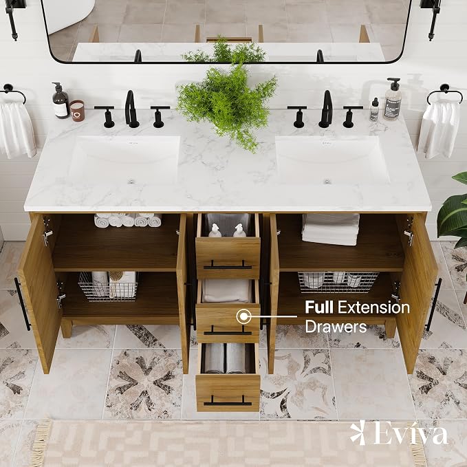 Graham 60 in. Oak Double Sink Bath Vanity with Arabescato Engineered Stone Top and Undermount Porcelain Sinks