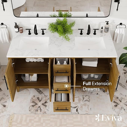 Graham 60 in. Oak Double Sink Bath Vanity with Arabescato Engineered Stone Top and Undermount Porcelain Sinks