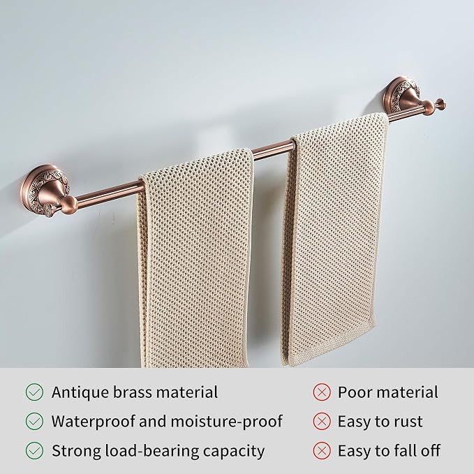 Red Copper Towel Bar, Adjustable 15.5 to 27.5 Inch Bath Towel Rack for Bathroom Towel Holder, Wall Mounted Black Bathroom Hardware Accessories,Pattern Carving Design