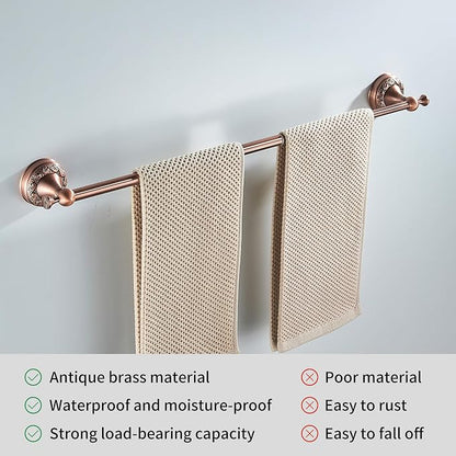 Red Copper Towel Bar, Adjustable 15.5 to 27.5 Inch Bath Towel Rack for Bathroom Towel Holder, Wall Mounted Black Bathroom Hardware Accessories,Pattern Carving Design