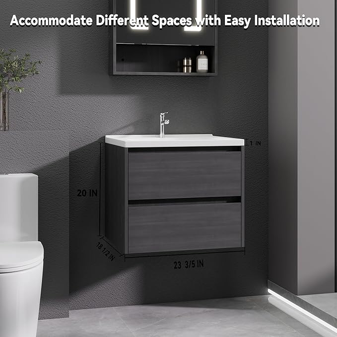 Grey Floating Bathroom Vanity with Sink, 23x18 Inch Wall Mounted Bathroom Cabinet with 2 Drawers, Modern Single Sink Vanity for Small Bathroom, Space-Saving Storage Cabinet