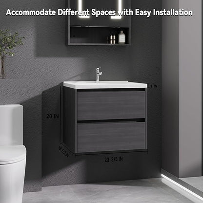 Grey Floating Bathroom Vanity with Sink, 23x18 Inch Wall Mounted Bathroom Cabinet with 2 Drawers, Modern Single Sink Vanity for Small Bathroom, Space-Saving Storage Cabinet