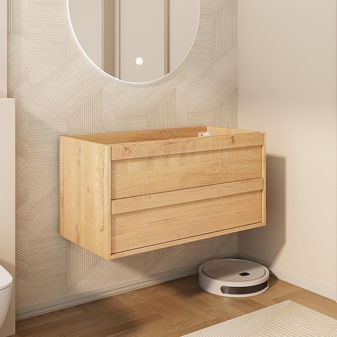 eclife 36" Floating Bathroom Vanity Sink Combo, Wall Mounted Modern Minimalist Storage Cabinet with 2 Drawers, Exclude Sink, Faucet & Drain, Natural
