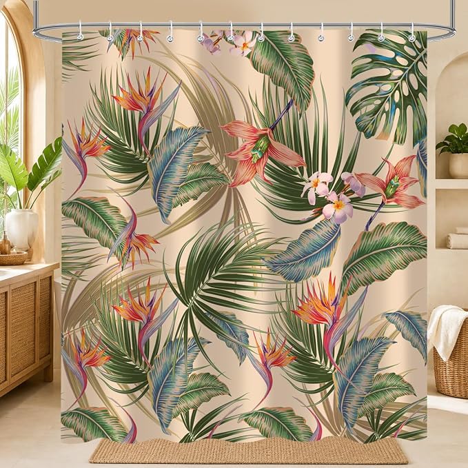Tropical Shower Curtain, Colourful Leaves Floral Palm Leaf Hawaiian Botanical Plant Bathroom Decor, Waterproof Cloth Fabric Bath Curtain with Hooks 72 x 78 inch