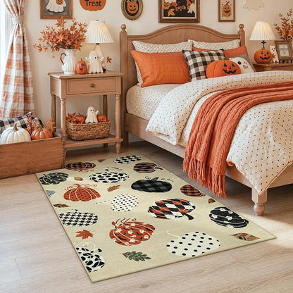 Tribesigns 3x5 Beige Halloween Fall Pumpkin Print Area Rug for Kitchen | Washable Non-Slip Low-Pile Autumn Thanksgiving Rug for Hallway, Entryway, Bedroom, Bathroom, Halloween Home Decor Indoor Rug