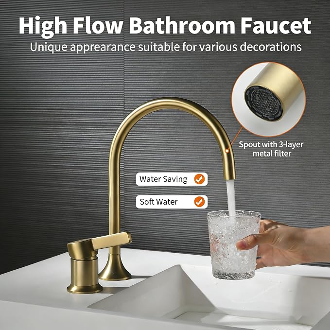 Bathroom Faucets Brushed Gold,Single Handle Brass Widespread Basin Faucet for Sink,High Arc Bathroom Sink Faucet 2 Hole,Vanity Vessel Sink Faucet Mixer Tap