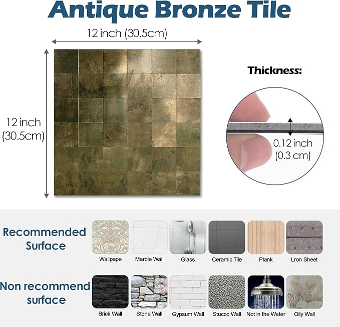 Yipscazo 10 Sheet Peel and Stick Backsplash Tiles Stainless Steel Metal Kitchen Backsplash Stick on Tiles for Stove, Bathroom, Laundry in Antique Bronze(11.8'' x 11.8'')
