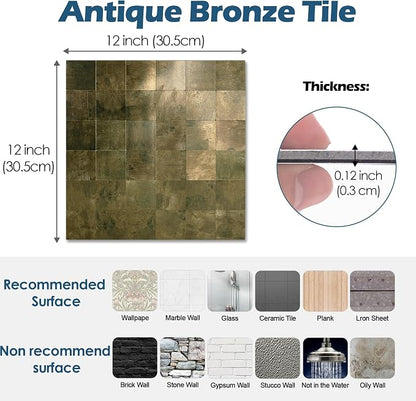 Yipscazo 10 Sheet Peel and Stick Backsplash Tiles Stainless Steel Metal Kitchen Backsplash Stick on Tiles for Stove, Bathroom, Laundry in Antique Bronze(11.8'' x 11.8'')