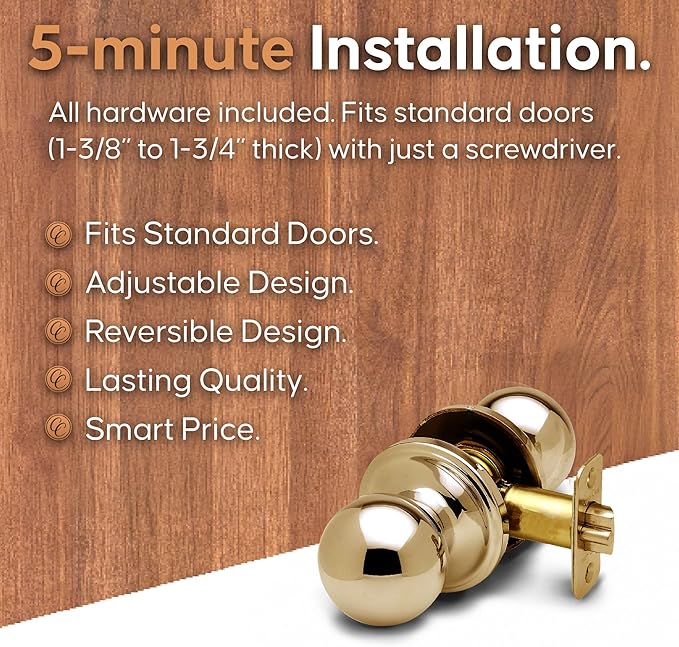 Copper Creek Passage Interior Door Knob – ANSI Grade-3 Certified, Modern Heavy Duty Handle, Easy Install and Reversible for Bedroom, Bathroom & Closets – Polished Brass (1 Pack)